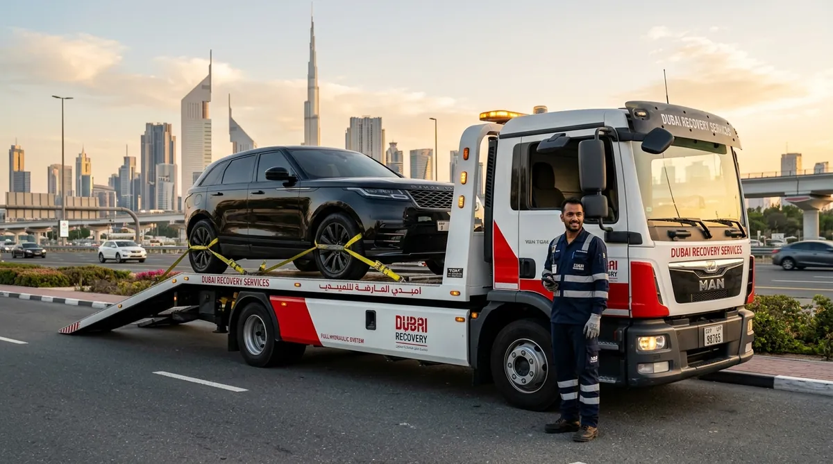 24/7 Car Recovery Dubai Hydraulic Flatbed Tow Truck with Loaded Luxury Vehicle and Professional Operator