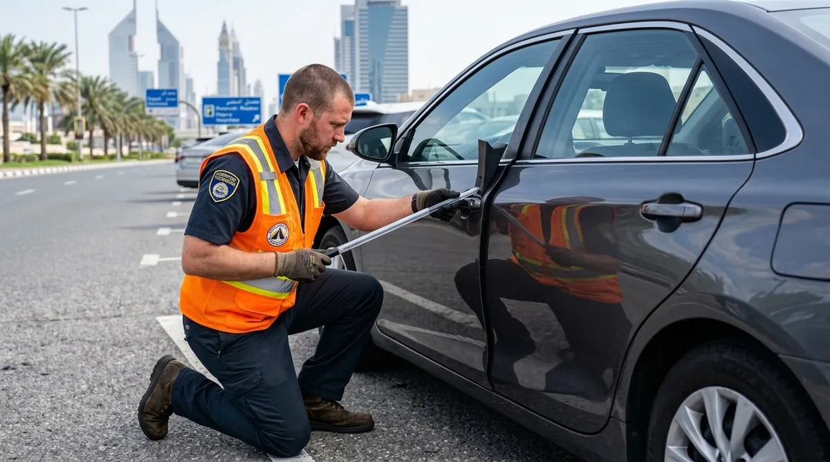 24/7 Car Lockout Service in Dubai with Professional Technician Safely Unlocking Vehicle Door
